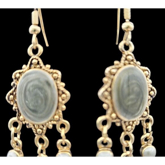 Vintage Light Green Aventurine Gold-Tone Dangle Earrings Teardrop Accents 2" - Picture 2 of 4